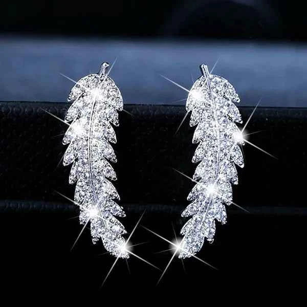 White Gold Feather Stud Earrings 925 Silver Crystal Rhinestone Bezel Setting Classic Women's Everyday Wear