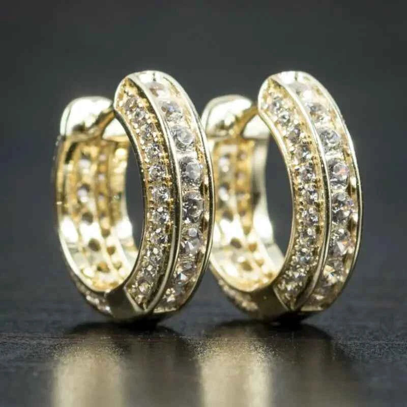 E712 Gold Hoop Earrings Crystal Rhinestone Channel Setting Luxury Everyday Wear Unisex
