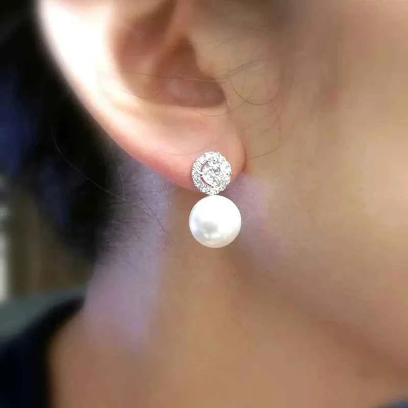 White Gold Pearl Stud Earrings With Round Brilliant Cut Diamond Imitation Pearl For Women Wedding Classic Fashion Jewelry