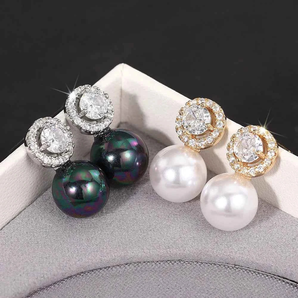 White Gold Pearl Stud Earrings With Round Brilliant Cut Diamond Imitation Pearl For Women Wedding Classic Fashion Jewelry