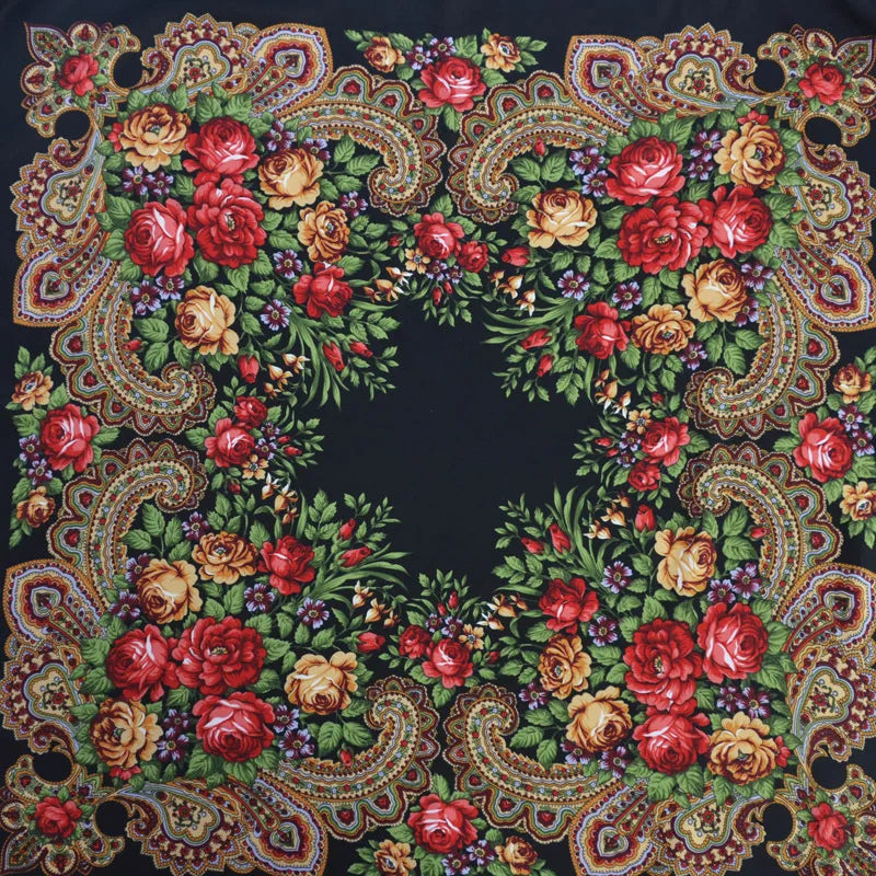 Luxury Floral Russian Scarf - Fringed Square Babushka Shawl