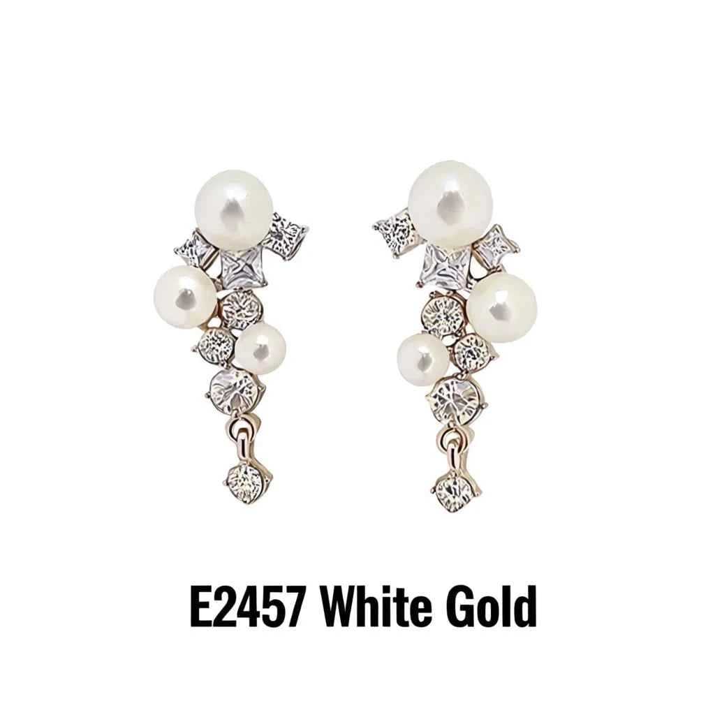 White gold drop earrings with faux pearls and crystals - elegant dangle design for weddings
