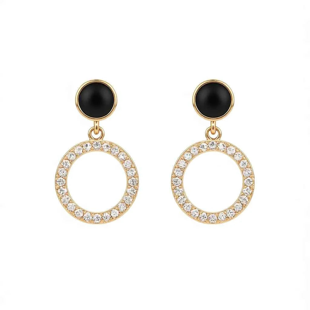 Gold drop earrings - crystal rhinestone geometric circle bezel setting, gold plating, party jewelry