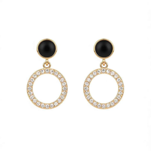 Gold drop earrings - crystal rhinestone geometric circle bezel setting, gold plating, party jewelry