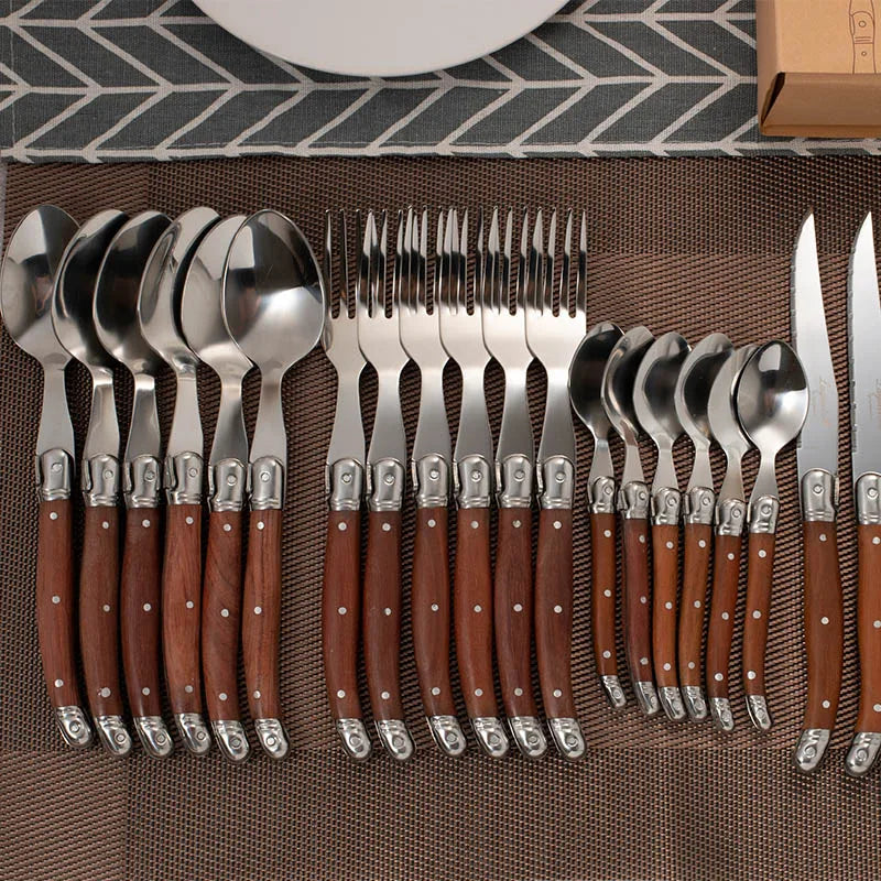 Laguiole cutlery set - 24-piece luxury rose wood handle stainless steel dinnerware
