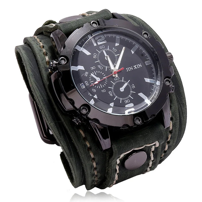 Rugged Men's Quartz Watch - Premium Cowhide Leather Punk Wristwatch