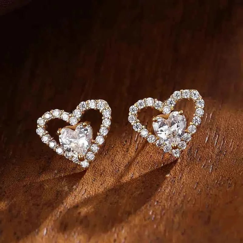 Gold Heart Crystal Stud Earrings For Women 18K Gold Filled Everyday Wear Jewelry