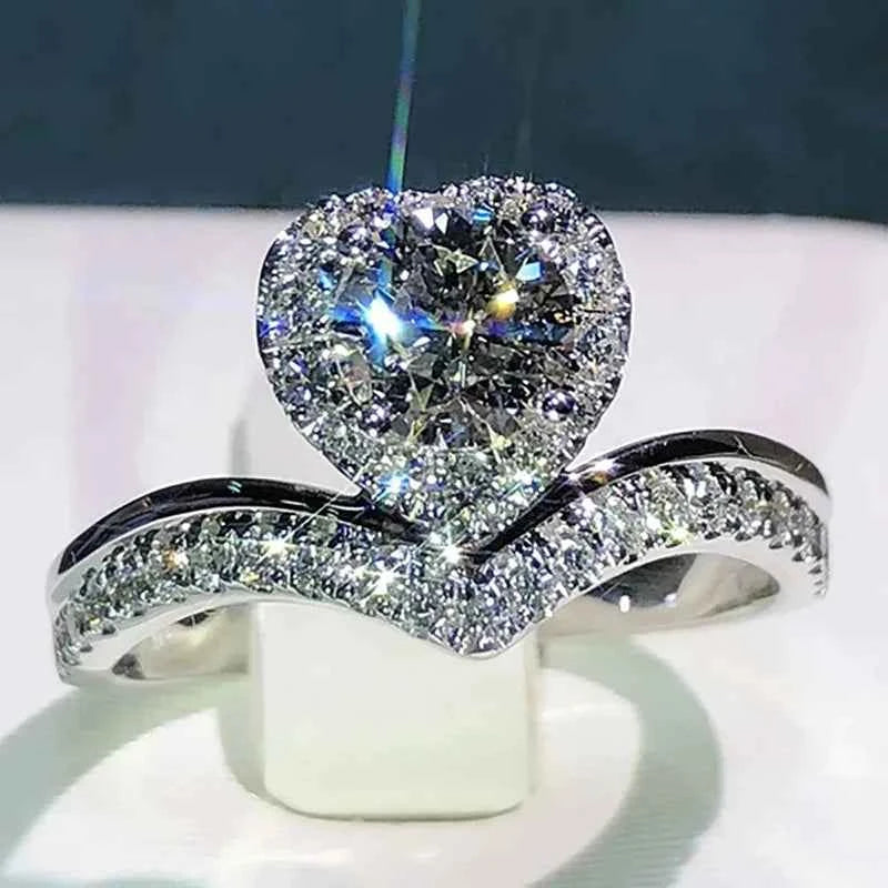 T0855 Women's White Gold Heart Cut Diamond Engagement Ring With Natural D Color Main Stone And Side Diamonds
