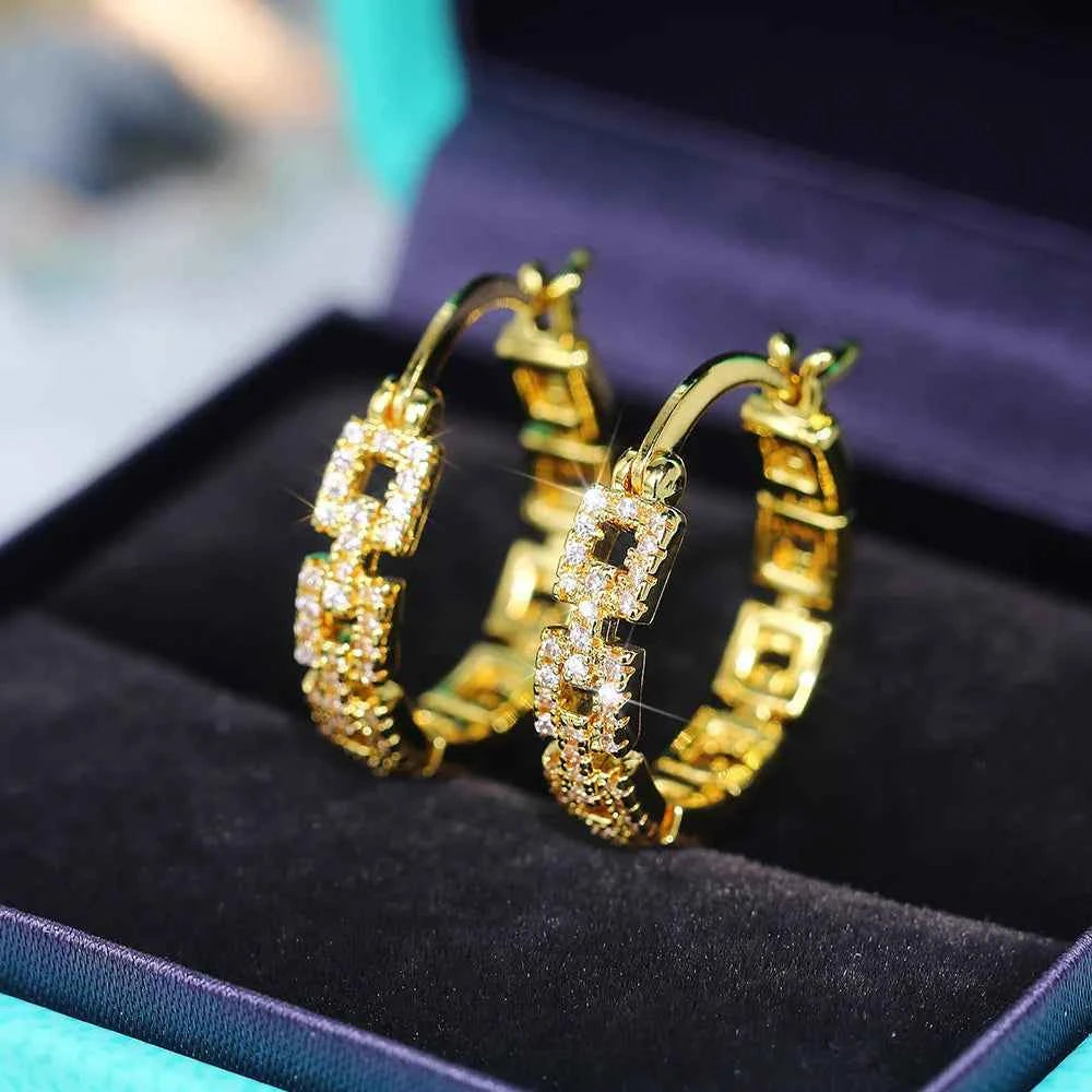 Trendy Brass 18K Gold Plated Hoop Earrings with Zircon Geometric Design for Women Party Jewelry