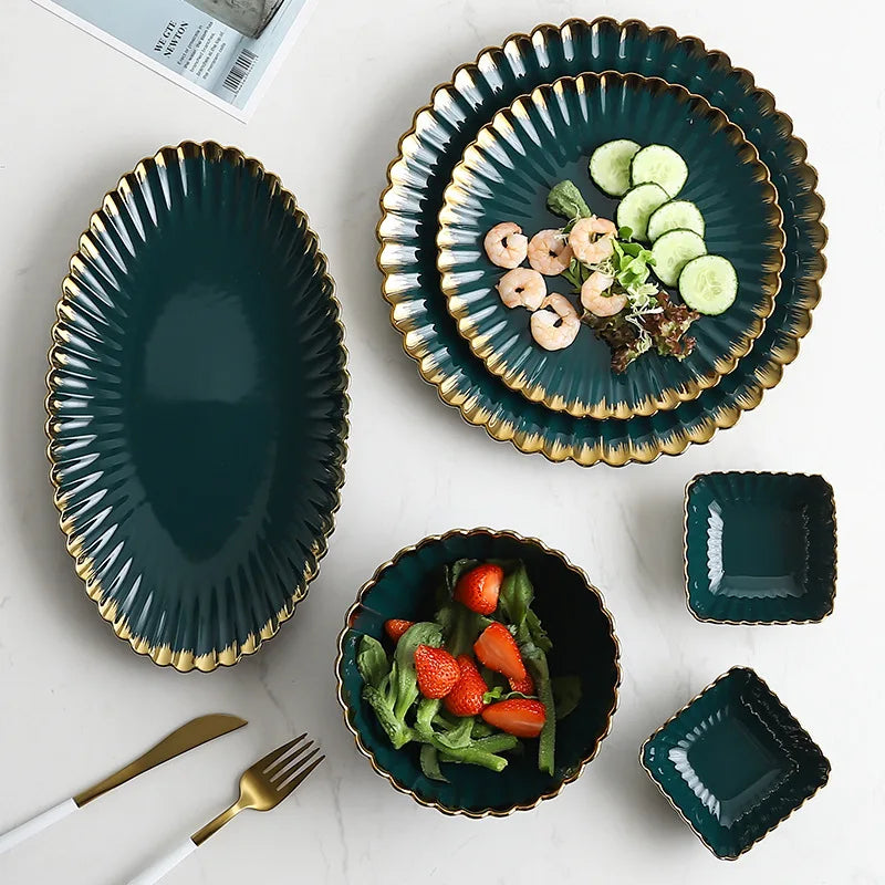 Vintage Ceramic Dinnerware Set - elegant green crockery with gold rim and hand-painted details