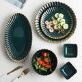 Vintage Ceramic Dinnerware Set - elegant green crockery with gold rim and hand-painted details