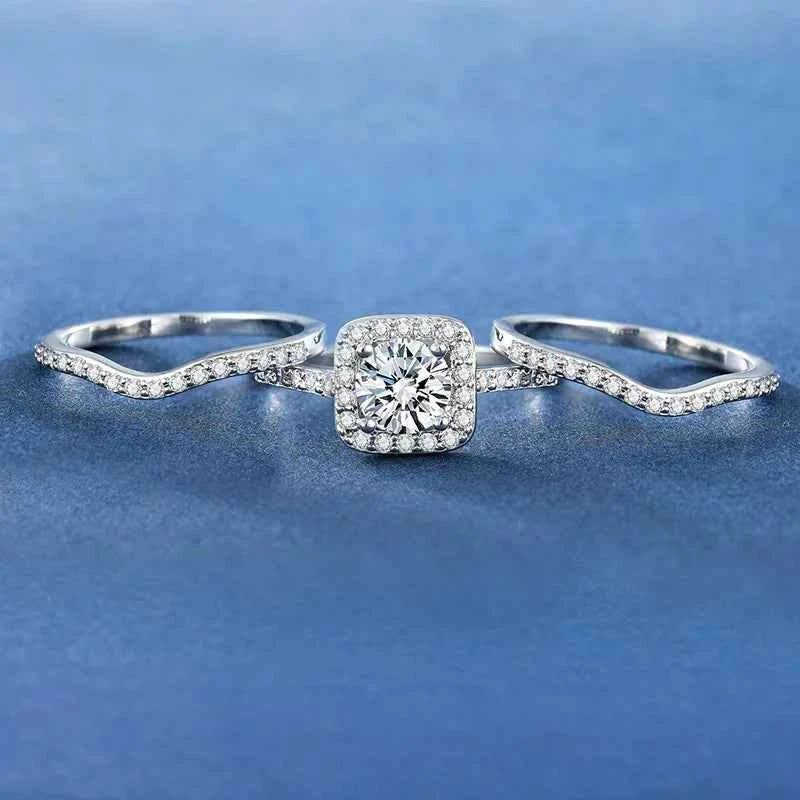 T0612 Bridal Jewelry Set 925 Silver Round Brilliant Cut Diamond Ring with Claw Setting Geometric Design Wedding Women's Jewelry