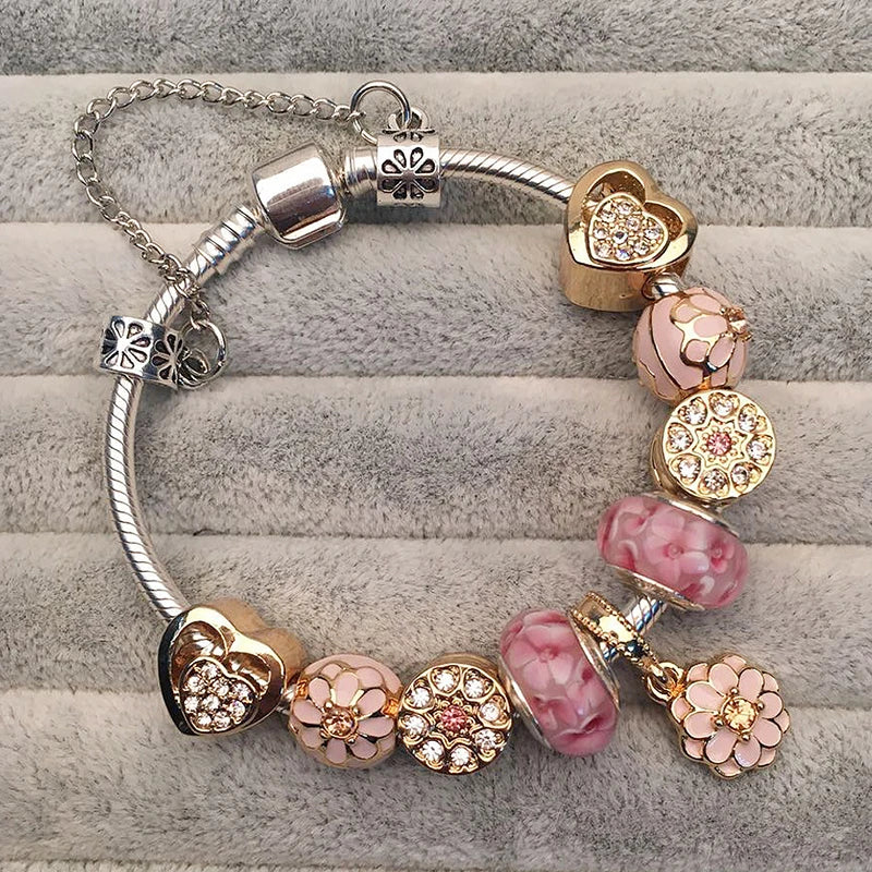 Elegant Crystal Flower Charm Bracelet - Gold Bead Design