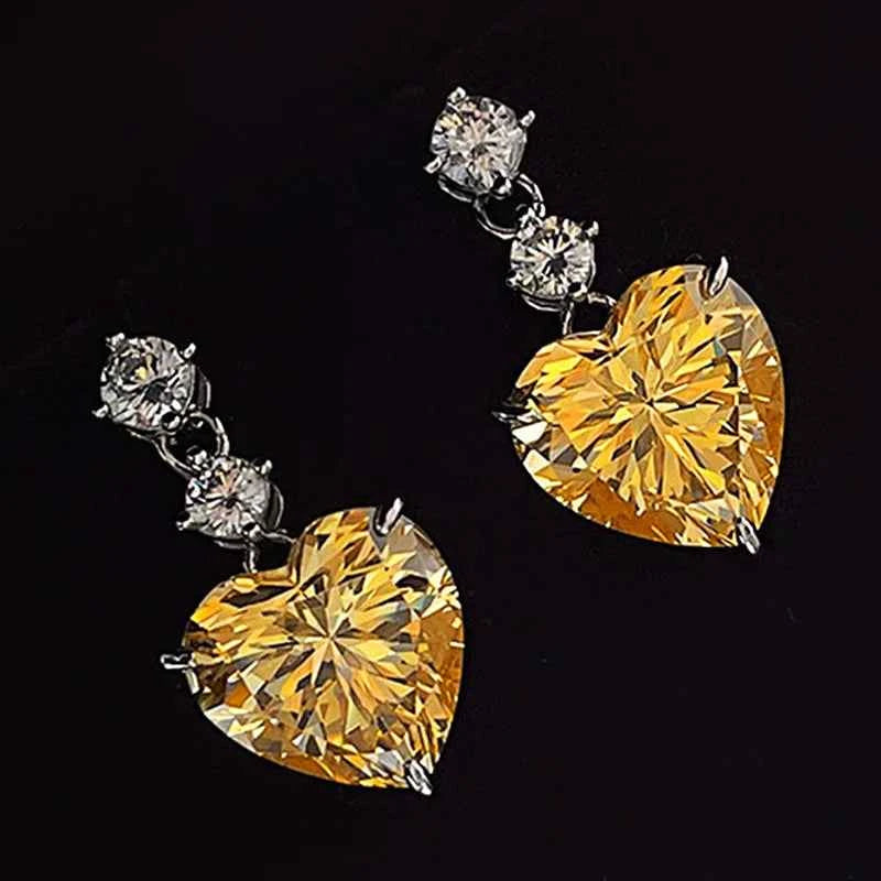 E3675 Yellow Gold Plated 925 Silver Heart Drop Earrings With Claw Setting For Women Wedding Romantic Crystal Jewelry
