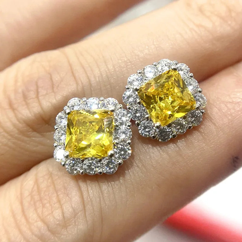 Luxury Yellow Diamond Stud Earrings - Cushion Cut Bezel