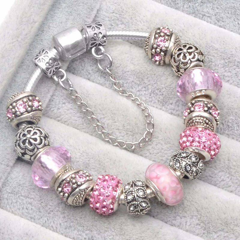 Elegant Crystal Flower Charm Bracelet - Gold Bead Design