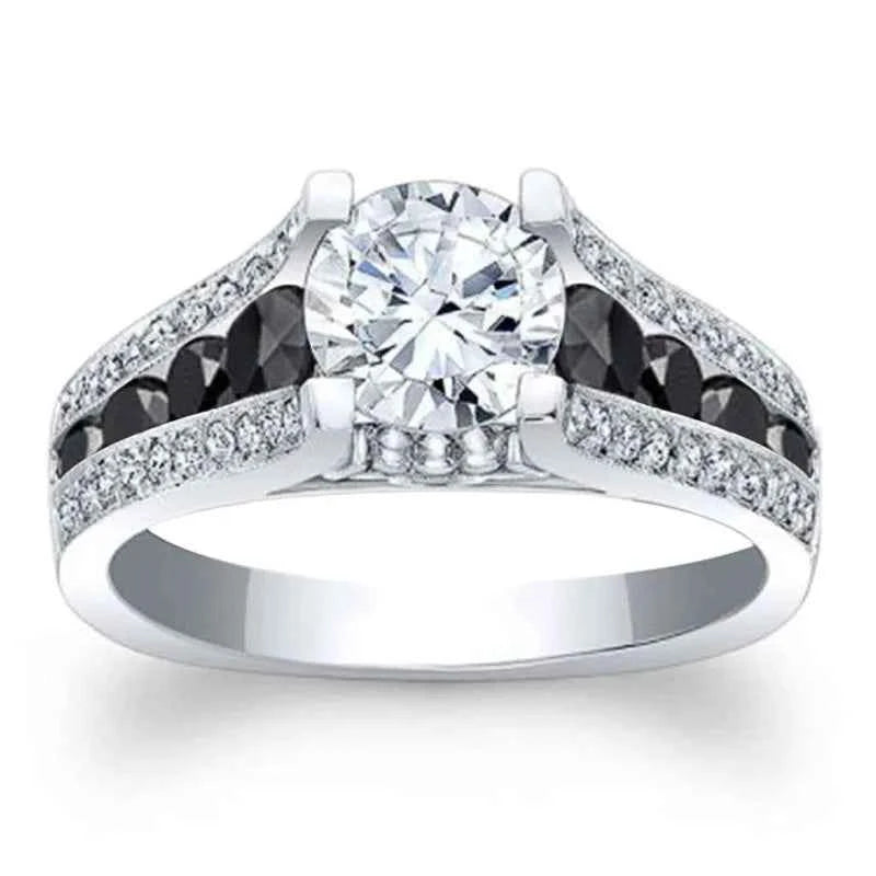 Black onyx engagement ring - round diamond with sterling silver split shank and pavé accents