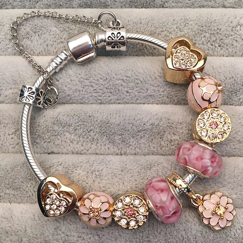 Elegant Crystal Flower Charm Bracelet - Gold Bead Design