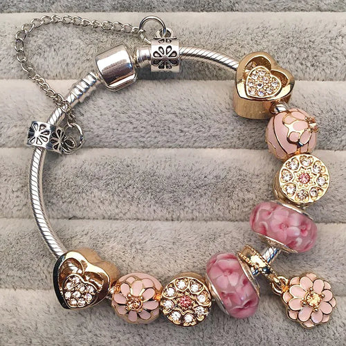 Elegant Crystal Flower Charm Bracelet - Gold Bead Design