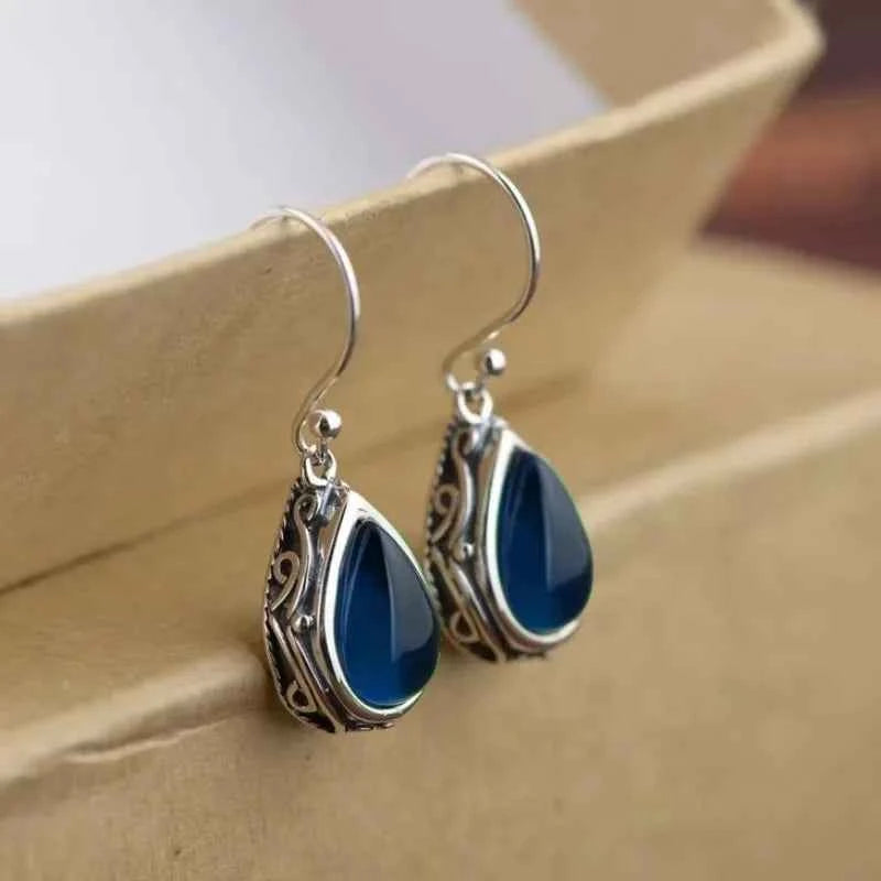 Water Drop Blue Gemstone Gold Plated Drop Earrings in 925 Silver Women's Everyday Wear Bezel Setting E4603