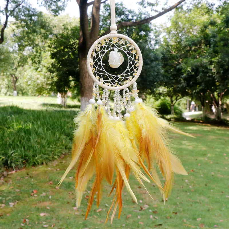 Handmade Mini Dream Catcher - Boho Wall Hanging with Colorful Feathers & Crystal Stones for Home Decor - Tulique
