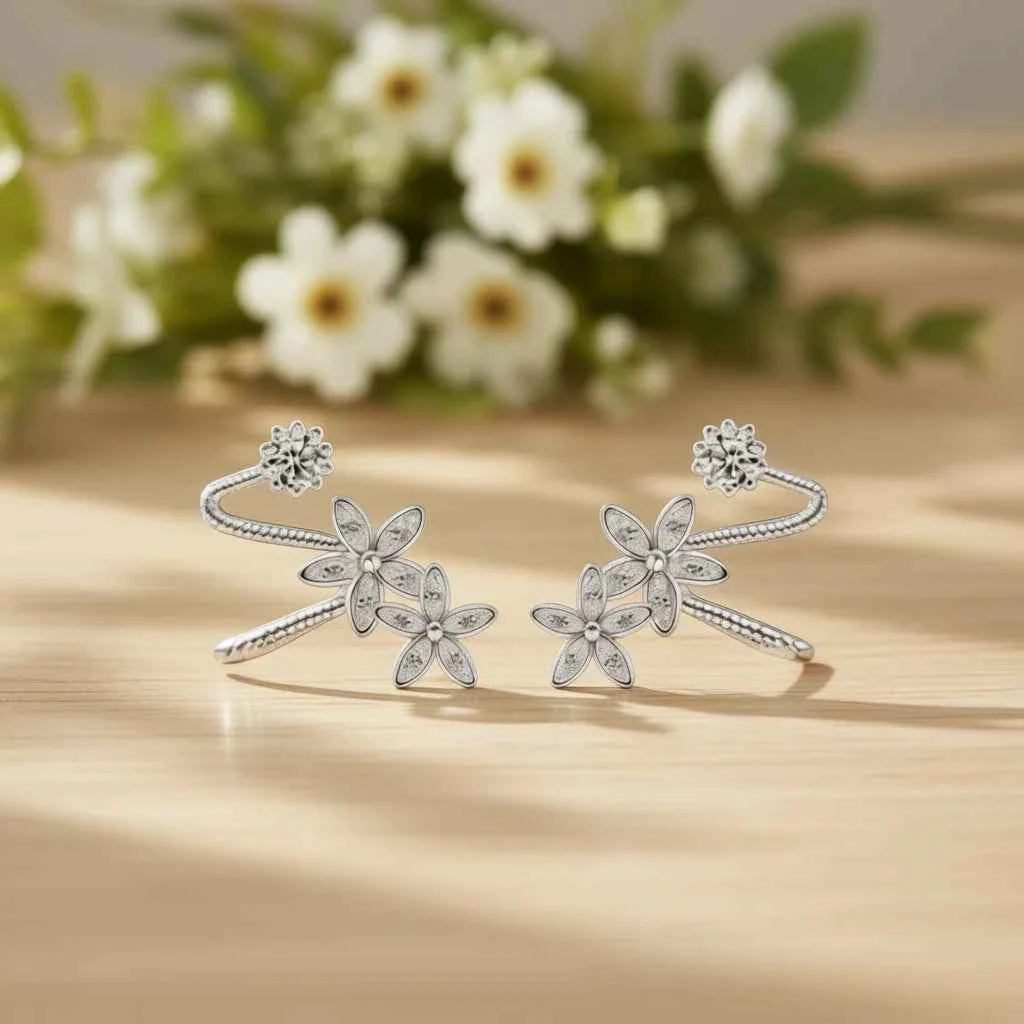 Tibetan Silver Flower Stud Earrings White Gold Plated Zircon Women's Romantic Party Jewelry Alloy Micro Insert Fashion Earrings