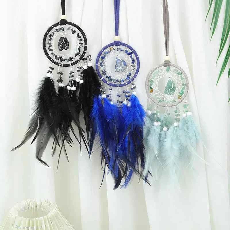 Handmade Mini Dream Catcher - Boho Wall Hanging with Colorful Feathers & Crystal Stones for Home Decor - Tulique
