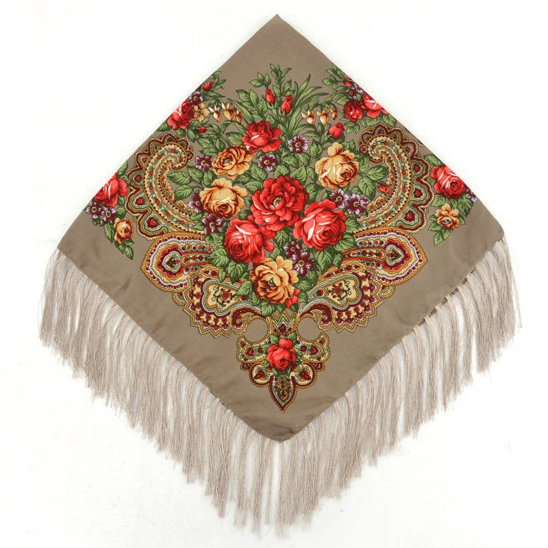 Luxury Floral Russian Scarf - Fringed Square Babushka Shawl