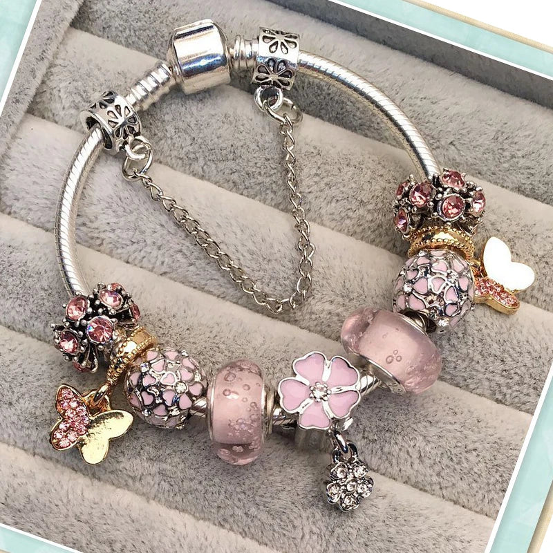 Elegant Crystal Flower Charm Bracelet - Gold Bead Design