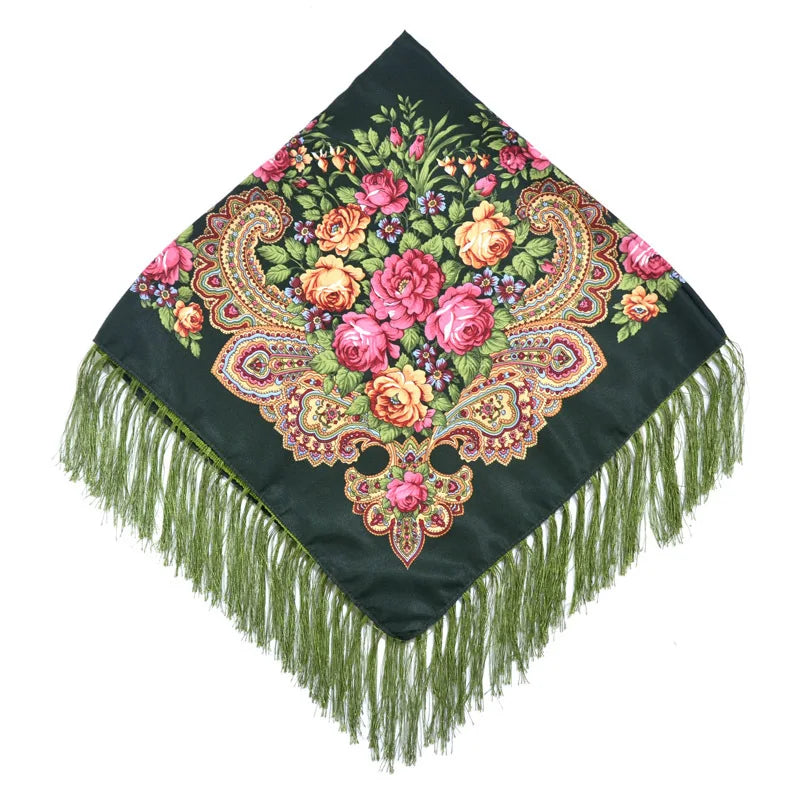 Luxury Floral Russian Scarf - Fringed Square Babushka Shawl