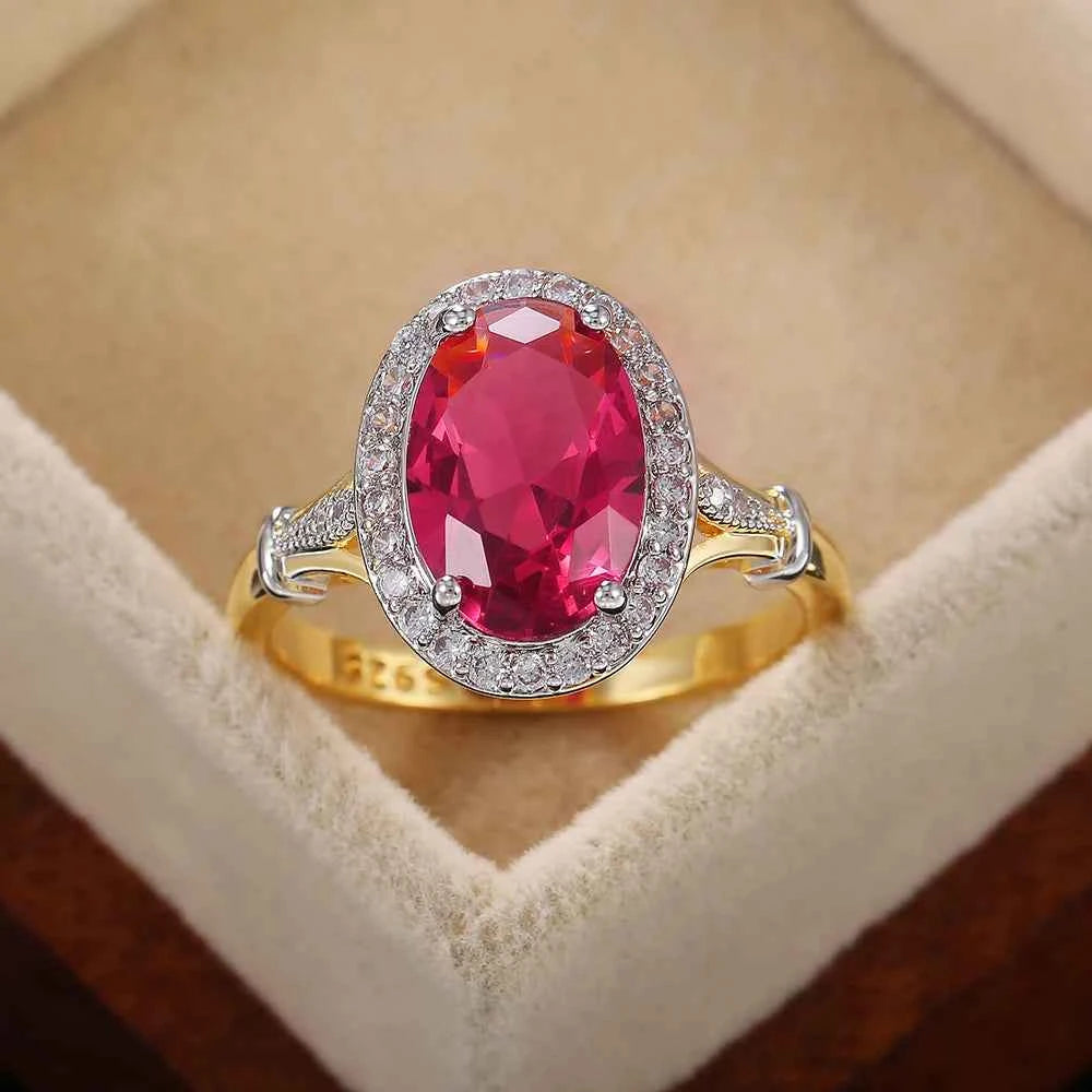 Brilliant Rose Red CZ Ring - Luxury Oval Cut Statement Jewelry