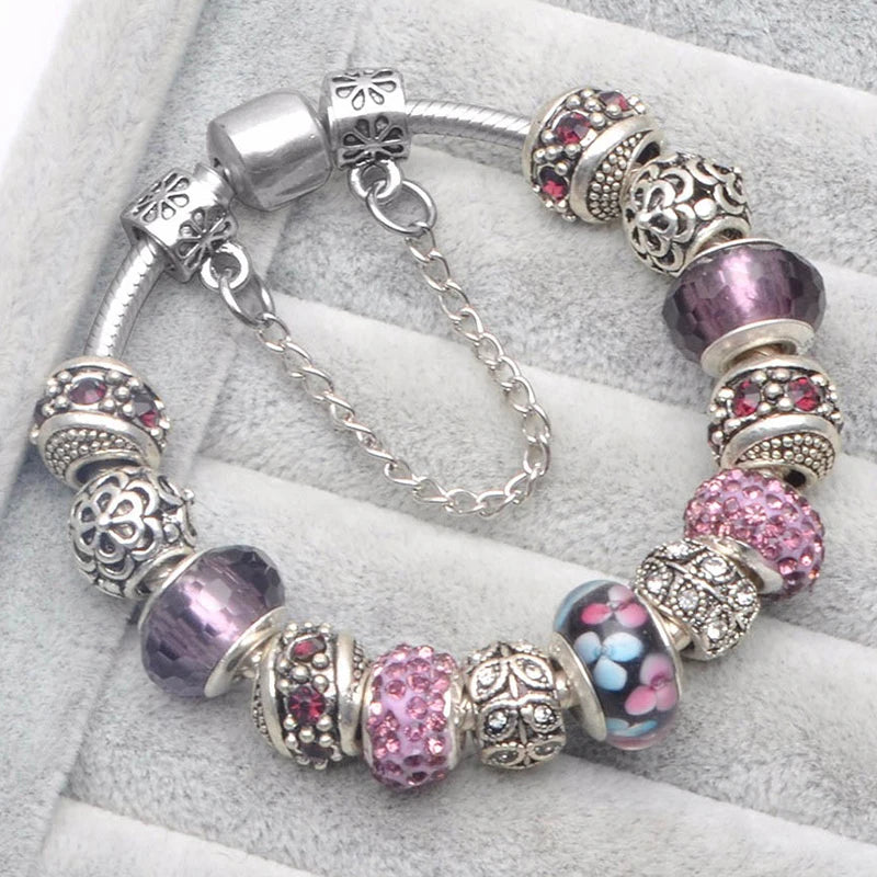 Elegant Crystal Flower Charm Bracelet - Gold Bead Design