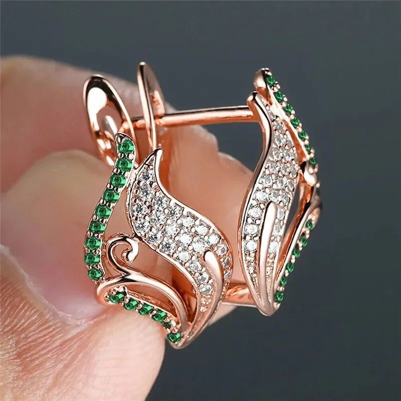Rose Gold Huggie Earrings - Elegant Zircon Wings Design