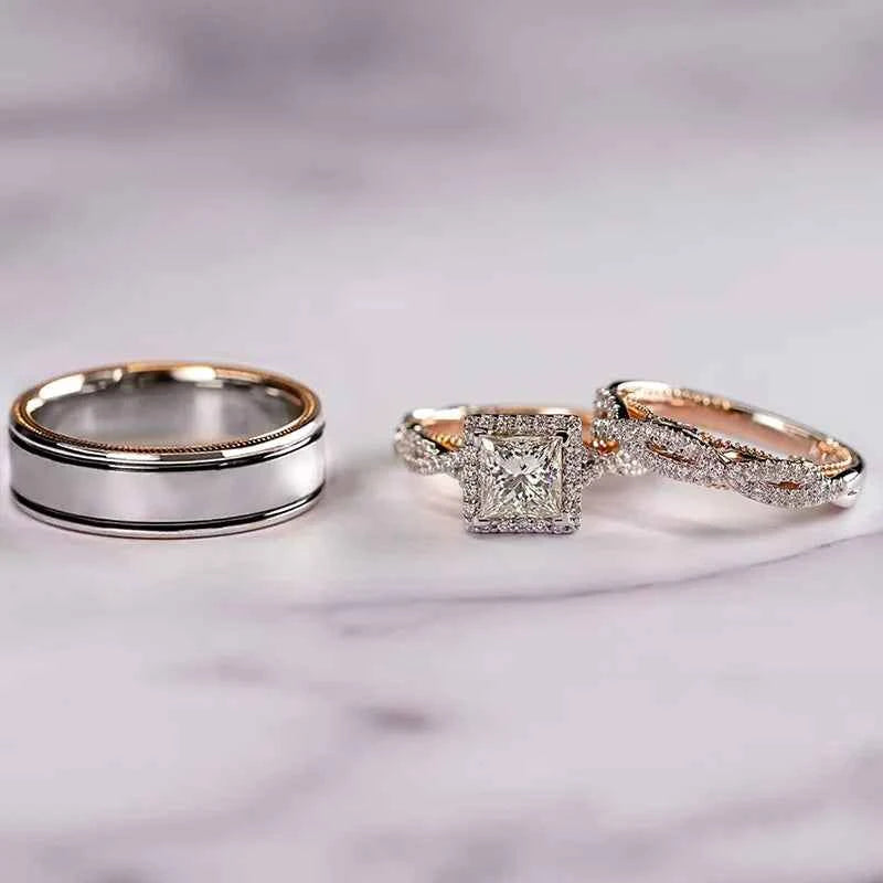 H521 Diamond Engagement Ring Princess Cut Natural White Gold Women's D Color Side Stone Rings