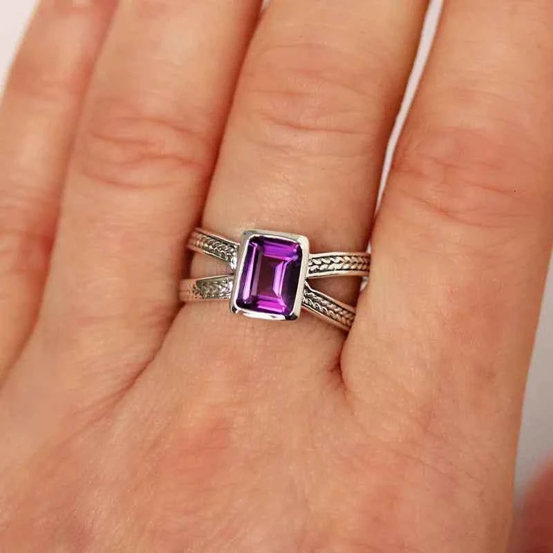 H387 Geometric Emerald Cut Gemstone Ring 925 Silver Bezel Setting Unisex Everyday Wear