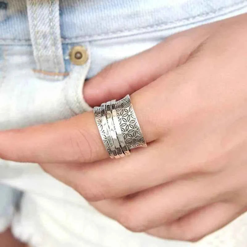 A055 Silver Flower Pattern Bohemia Style Ring Unisex Fashion Jewelry Gift No Stone Inlay