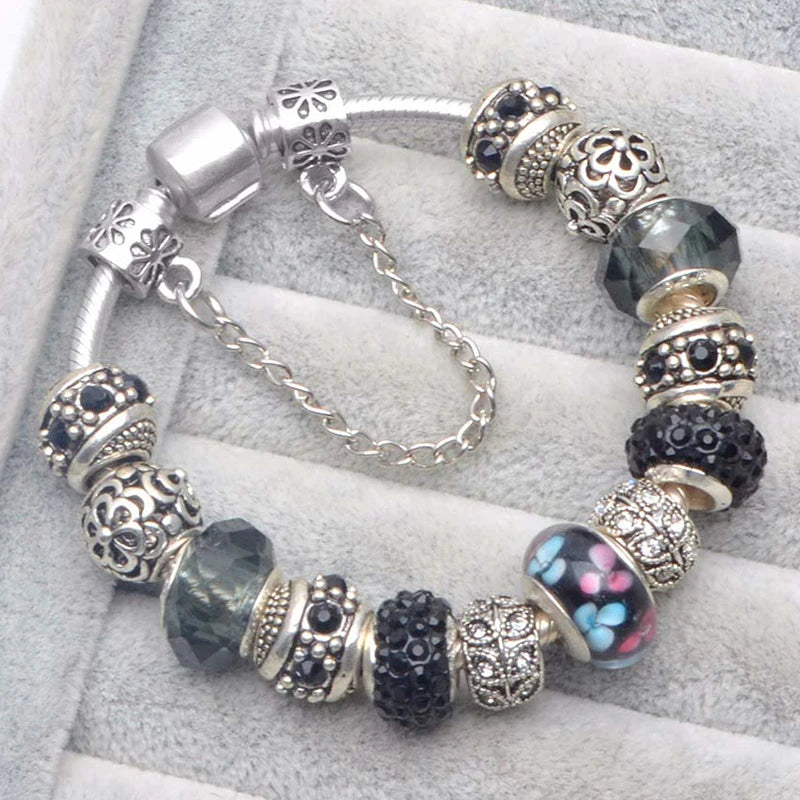 Elegant Crystal Flower Charm Bracelet - Gold Bead Design