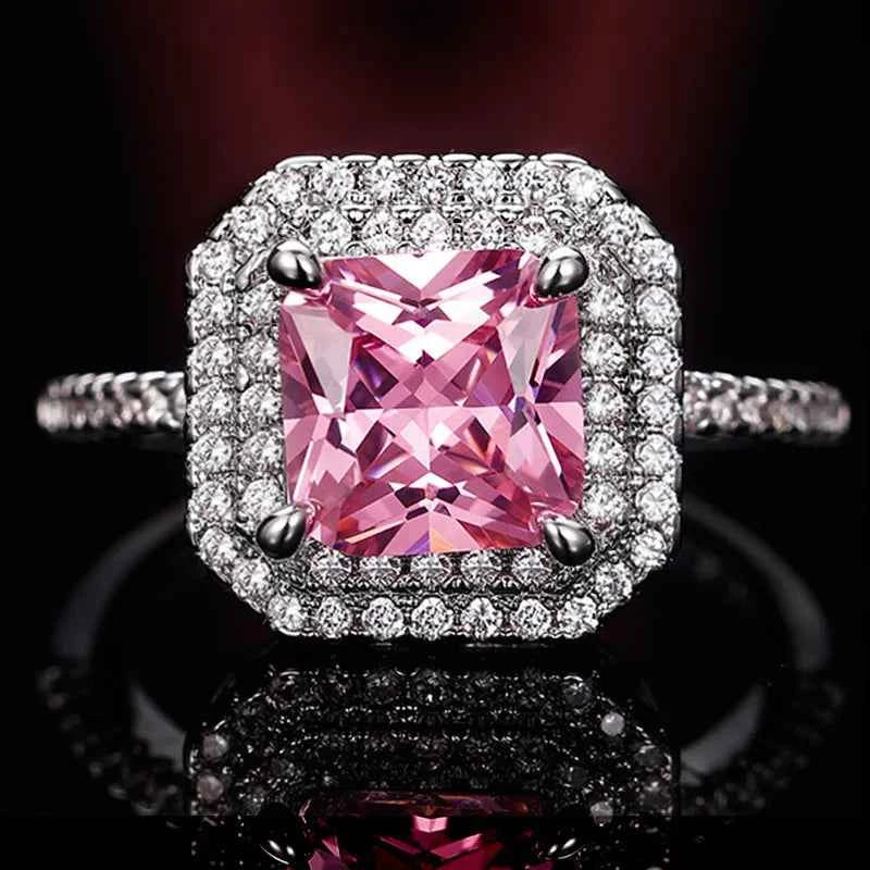 Princess cut pink diamond ring - elegant halo with D color side diamonds on band