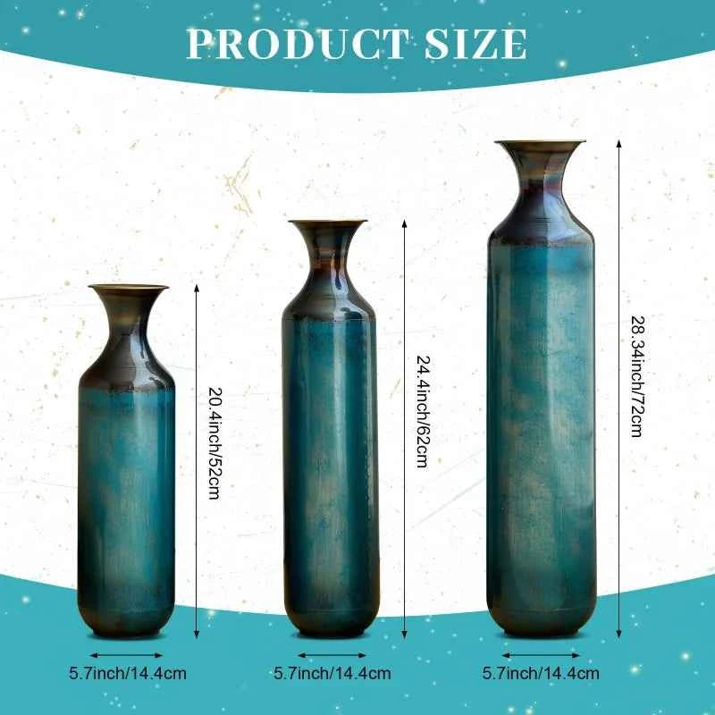 Torch-Fired Metal Floor Vases Set of 3 Tall Rustic Blue Burnt Finish for Farmhouse Living Room - Tulique