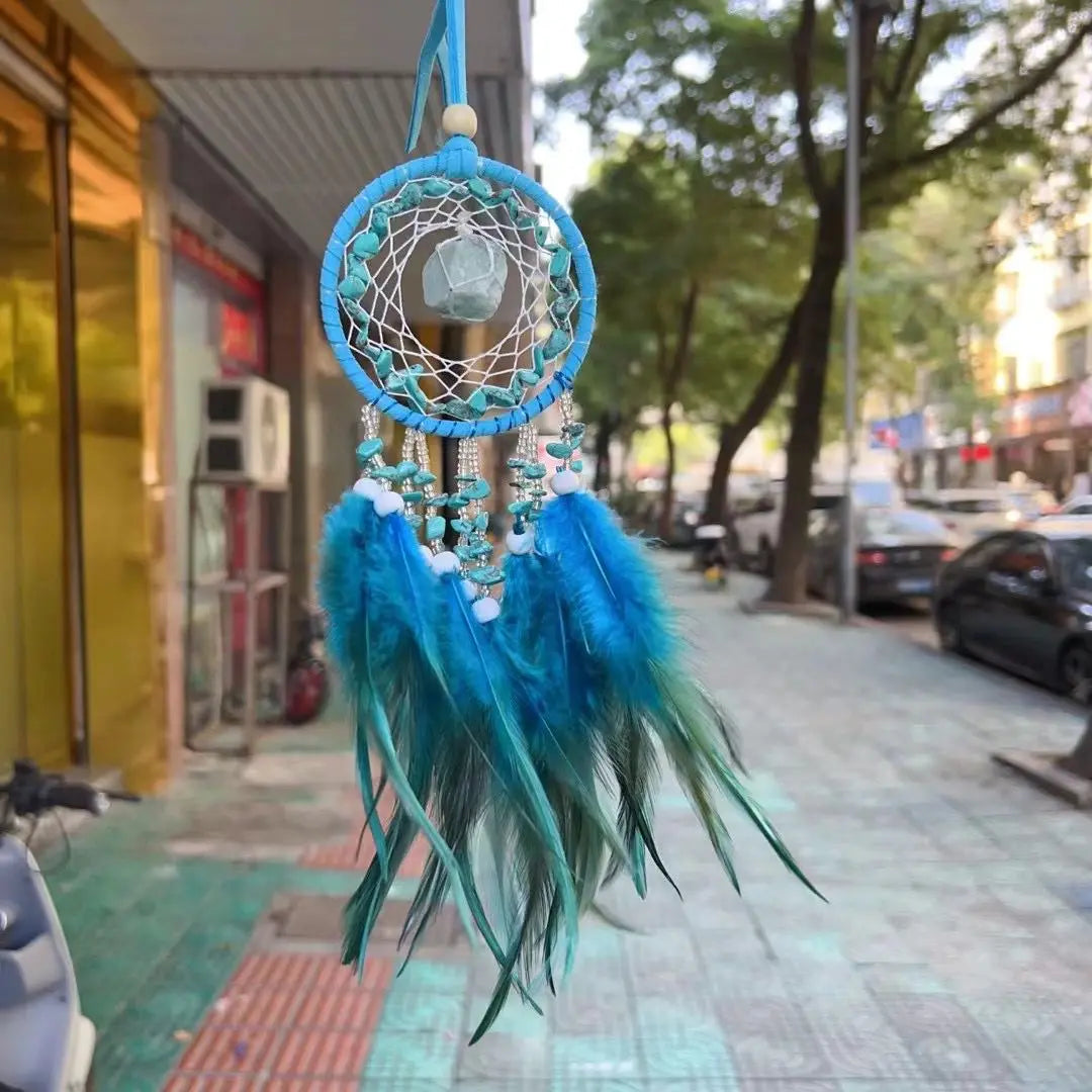 Handmade Mini Dream Catcher - Boho Wall Hanging with Colorful Feathers & Crystal Stones for Home Decor - Tulique