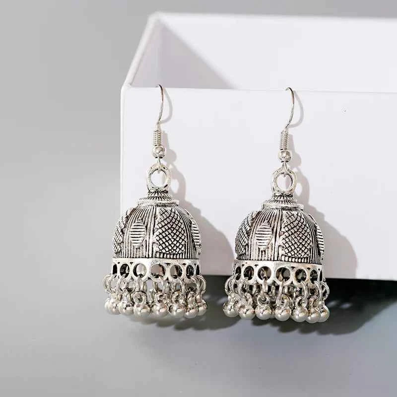 Elegant Indian Jhumka Earrings - Silver Flower Tassel Dangle Design