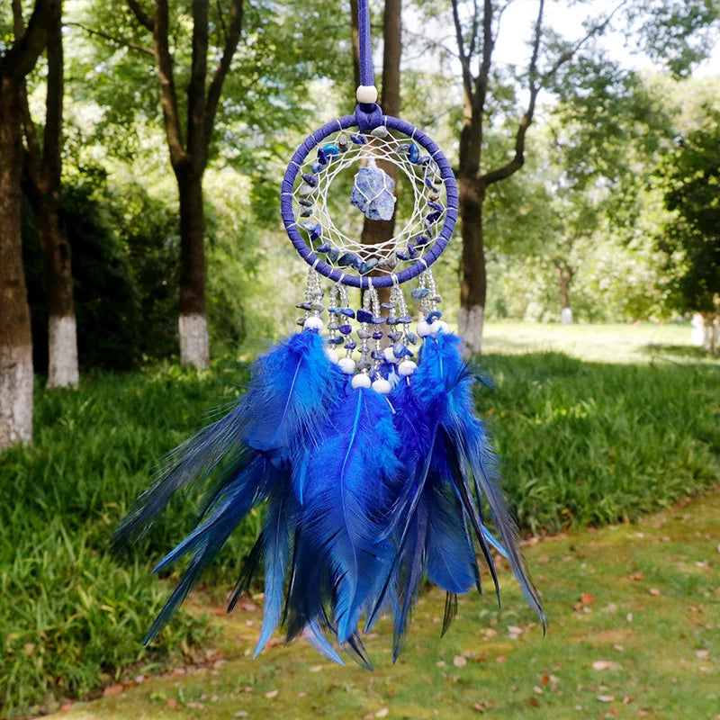 Handmade Mini Dream Catcher - Boho Wall Hanging with Colorful Feathers & Crystal Stones for Home Decor - Tulique