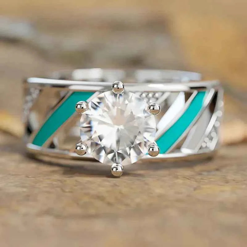 T0880 Women's 925 Silver Engagement Ring With Round Crystal Prong Setting Geometric Design For Wedding Or Proposal