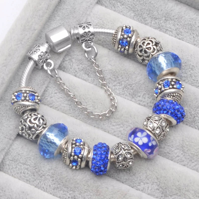 Elegant Crystal Flower Charm Bracelet - Gold Bead Design