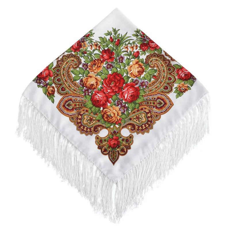 Luxury Floral Russian Scarf - Fringed Square Babushka Shawl