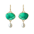 Turquoise drop earrings - gold-plated bezel setting with imitation pearl drop on white background