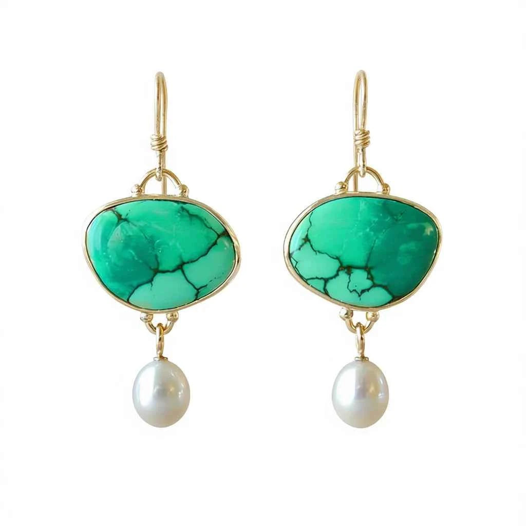 Turquoise drop earrings - gold-plated bezel setting with imitation pearl drop on white background