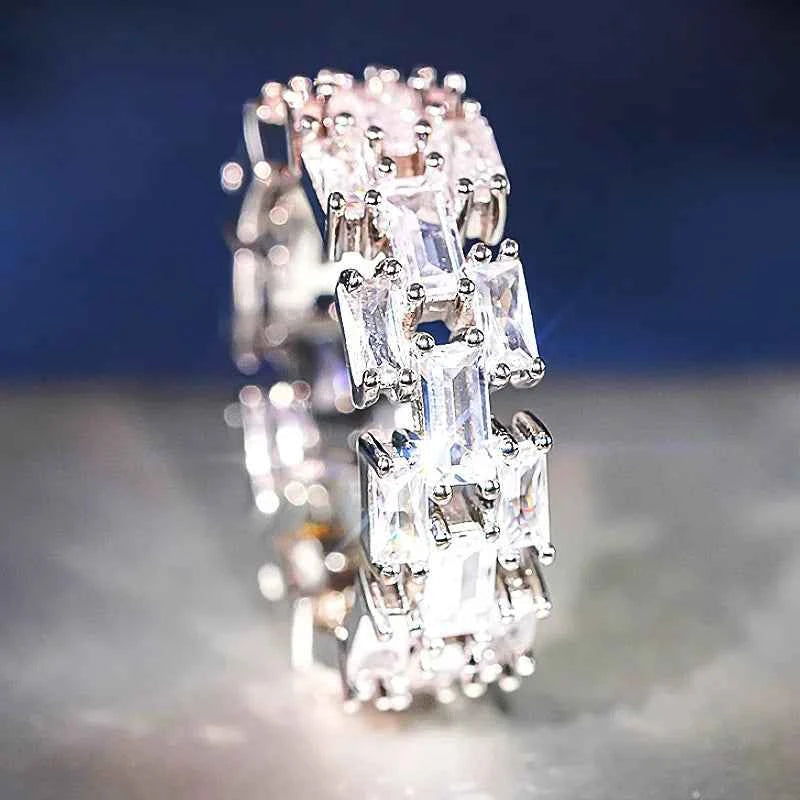 DJ096 White Gold Diamond Ring Emerald Cut Natural D Color Women's Classic Wedding Jewelry