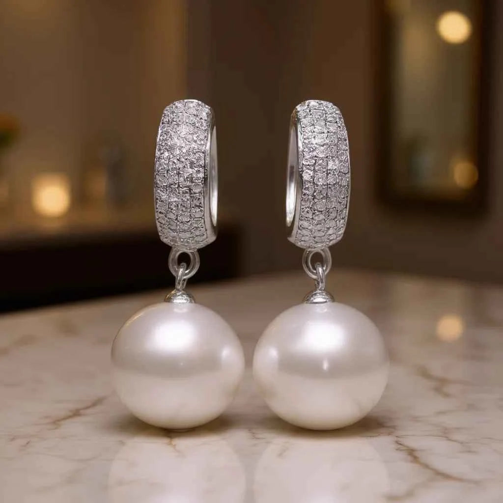 E1162 White Gold Pearl Earrings With Round Brilliant Cut Natural Diamonds Women's Classic Style Jewelry