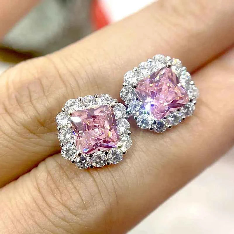 Luxury Yellow Diamond Stud Earrings Cushion Cut Bezel Setting Geometric Women's Wedding Fine Jewelry